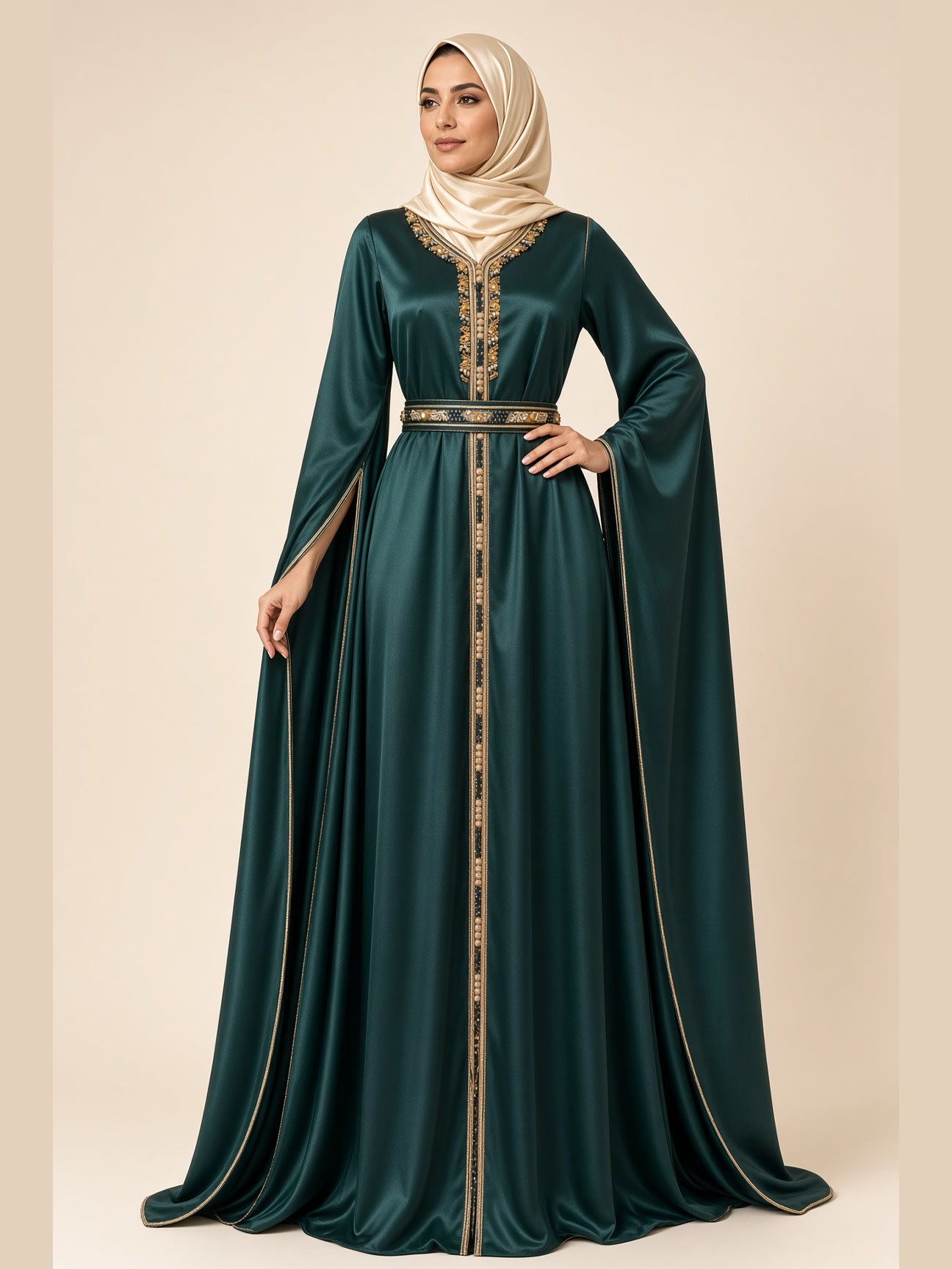 Caftan Capeline en crêpe de soie, skeli et ceinture perlée