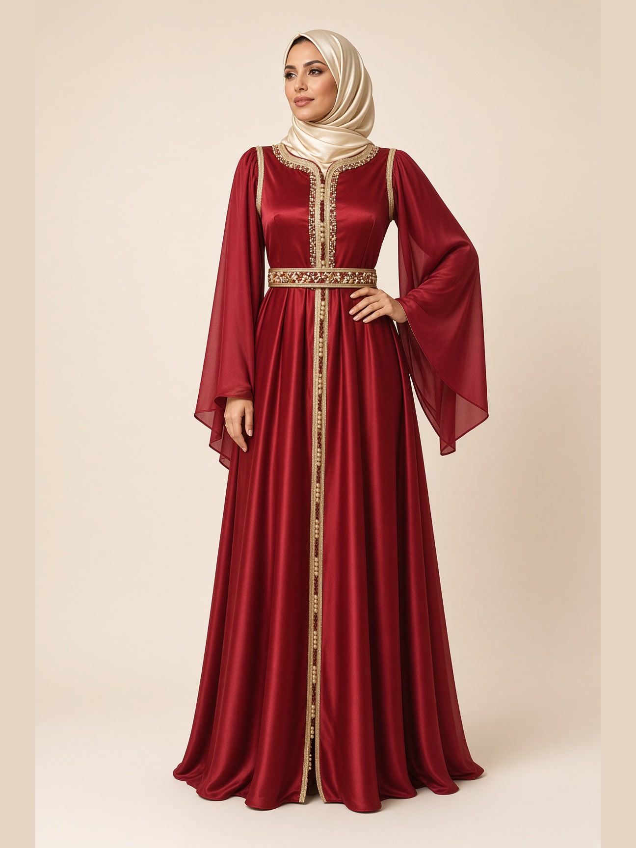 Caftan Soirée en soie et mousseline, skeli et perlage